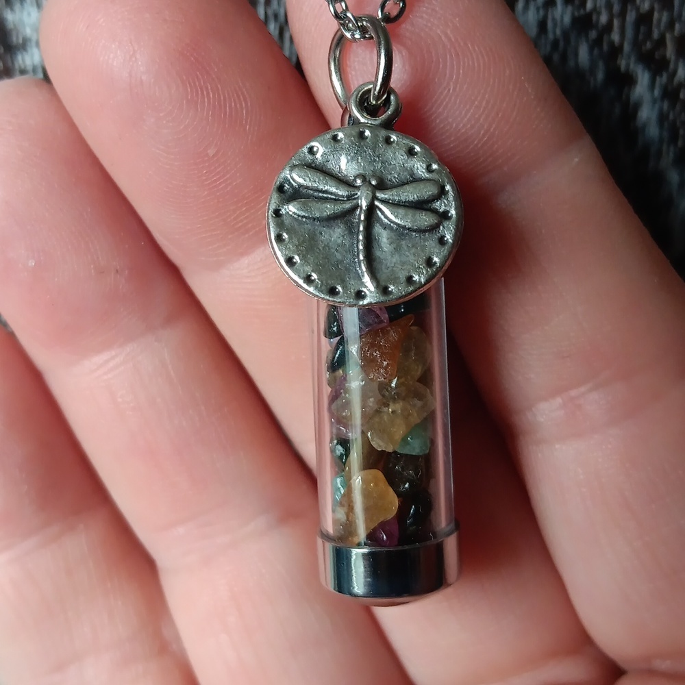 Rainbow Tourmalinel Chip Pendant Necklace with Dragonfly Charm